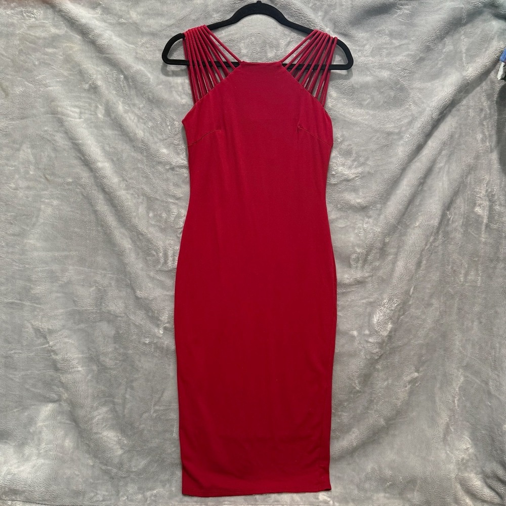 Love Culture Strappy Cage Neck Bodycon Midi Dress Women Size L Red - Picture 3 of 8